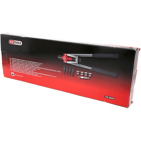 KS Tools Nietzange und Zubehör in roter Box, auf rotem Hintergrund.